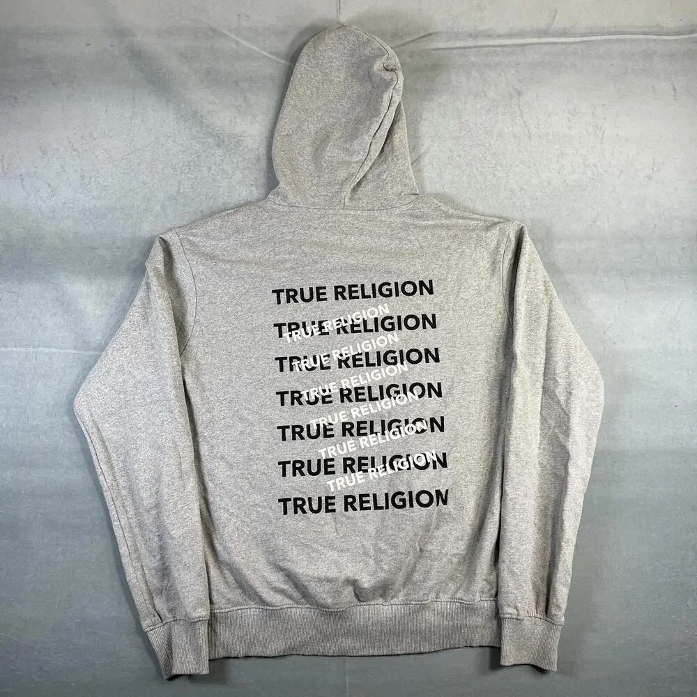 True Religion Logo Pullover Hoodie Men’s Large Gray Fleece Spell Out Horseshoe